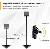 Supporti Regolabili in Metallo per Altoparlante da Terra, 2 Supporti per Casse con Base Triangolare Stabile, Adesivi Antiscivolo, Altezza Regolabile da 97-157 cm