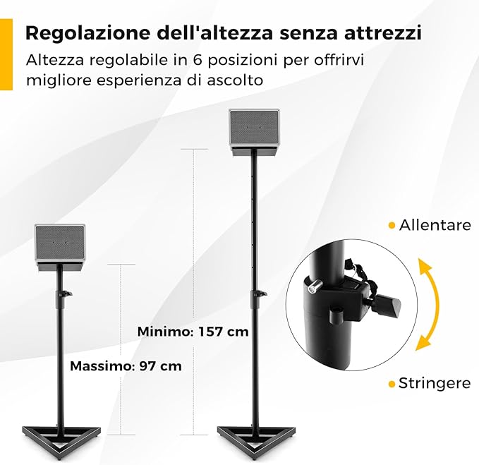 Supporti Regolabili in Metallo per Altoparlante da Terra, 2 Supporti per Casse con Base Triangolare Stabile, Adesivi Antiscivolo, Altezza Regolabile da 97-157 cm