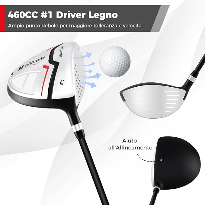 Set Completo di Mazze da Golf con Sacca a Treppiede, Include con Driver 1 da 460CC, Legno 3, Ibrido, Ferri 5, 6, 7, 8, 9, P, S, Putter e Copertura Antipioggia per Destrimani