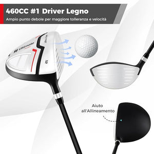 Set Completo di Mazze da Golf con Sacca a Treppiede, Include con Driver 1 da 460CC, Legno 3, Ibrido, Ferri 5, 6, 7, 8, 9, P, S, Putter e Copertura Antipioggia per Destrimani