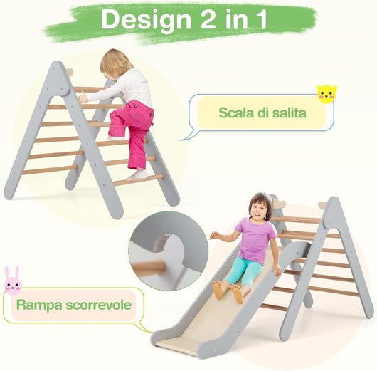 2 in 1 Set da Arrampicata con Scivolo per Bambini, Triangolo di Arrampicata in Legno Regolabile a Gradi, Giocattolo per Arrampicarsi all’Interno, 1 Anno+ (Grigio)