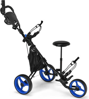 Carrello da Golf Pieghevole con 3 Ruote, Trolley da Golf Altezza Regolabile di Alluminio con Sedile, Porta Ombrello e Porta Bevande