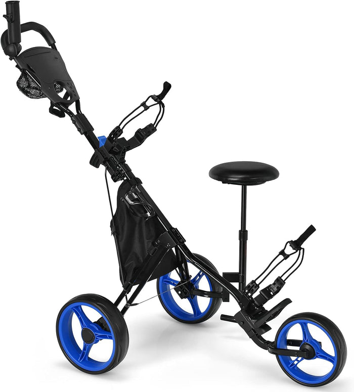 Carrello da Golf Pieghevole con 3 Ruote, Trolley da Golf Altezza Regolabile di Alluminio con Sedile, Porta Ombrello e Porta Bevande