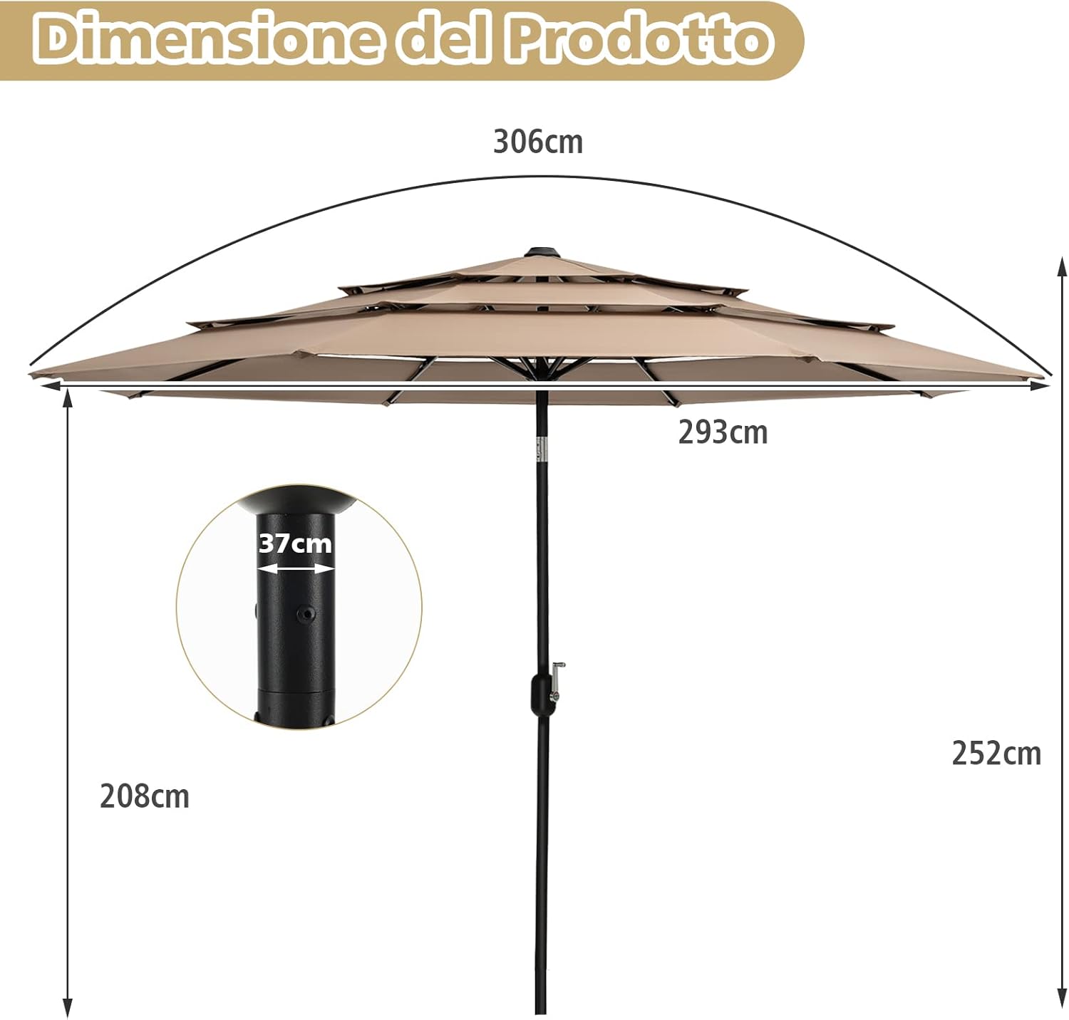Ombrellone da Giardino 293 cm a 3 Livelli, Ombrellone da Esterno con Doppia Ventilazione, Inclinazione Regolabile, con Manovella 8 Stecche, Ombrellone da Spiaggia Giardino Piscina (Caffè)