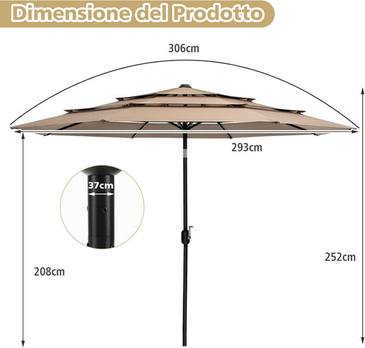 Ombrellone da Giardino 293 cm a 3 Livelli, Ombrellone da Esterno con Doppia Ventilazione, Inclinazione Regolabile, con Manovella 8 Stecche, Ombrellone da Spiaggia Giardino Piscina (Caffè)