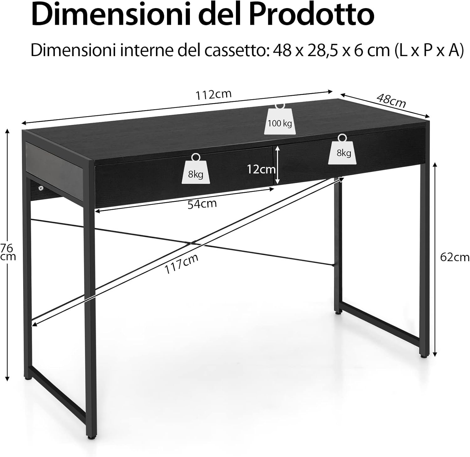 Scrivania per Computer con 2 Cassetti, Scrivania Porta PC con Telaio in Metallo e Legno, Posizione da Lavoro per Studio e Ufficio, Portata 100 kg, 112 x 48 x 76 cm (Nero)