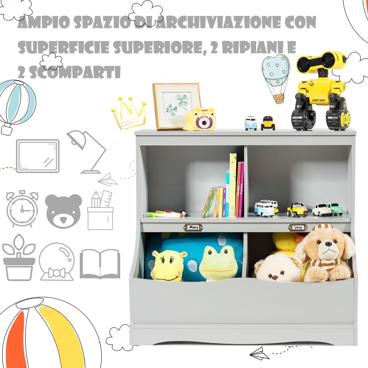 Scaffale Libreria Organizer Porta Giocattoli, con 2 Scomparti e 2 Contenitori, Libreria Multiuso con Pedana, per Camera dei Bambini (Grigio)