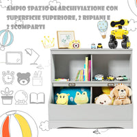 Scaffale Libreria Organizer Porta Giocattoli, con 2 Scomparti e 2 Contenitori, Libreria Multiuso con Pedana, per Camera dei Bambini (Grigio)