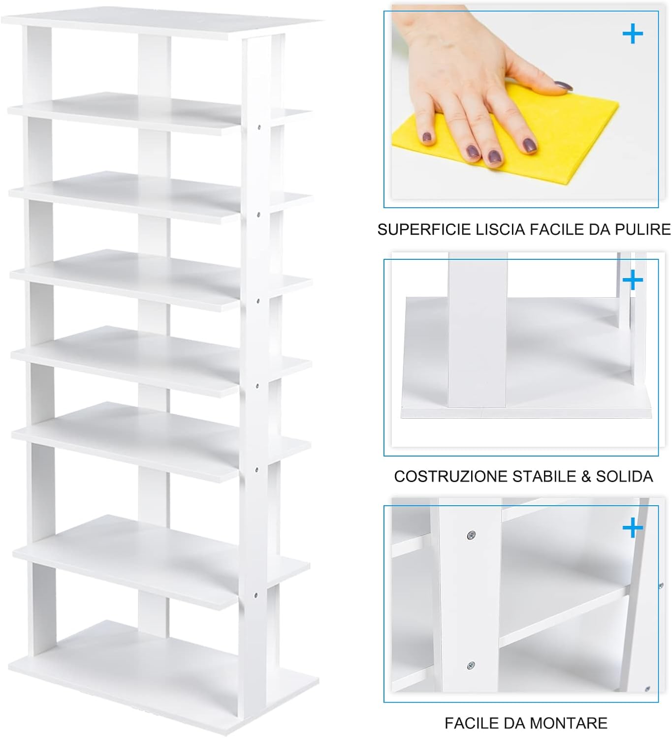 Scarpiera Verticale a 7 Livelli, Organizer per Scarpe in Stile Retr¨°, con Pannello Rimovibile, Scaffale per Scarpe per Corridoio Ingresso Armadio, 45x25x110 cm (Bianco)