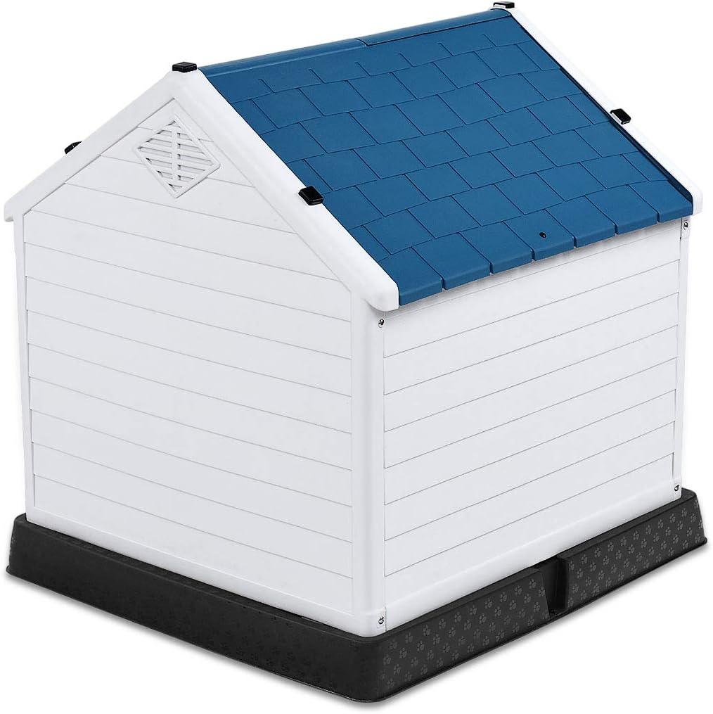 Cuccia per Cani da Esterno Impermeabile, Canile Villa per Cani in PP Resina, Bianco/Blu (85 x 77 x 83 cm)