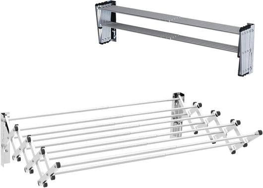 Stendibiancheria da Parete con 8 Aste in Acciaio Inox, Stendino da Parete per Bagno/Lavanderia, Stendino a Muro Richiudibile e Salvaspazio, Argento (50-86 x 63 x 22 cm)