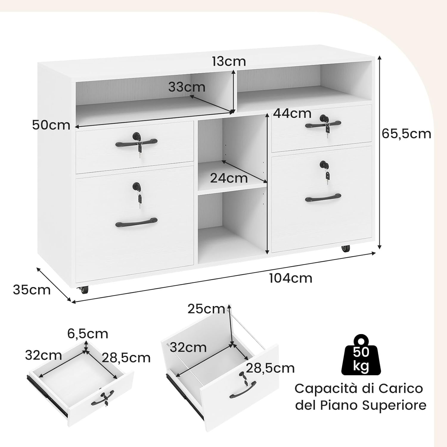 Armadietto Portadocumenti, Mobile da Ufficio Laterale con 4 Cassetti Adatto per File Formato A4/Lettera e 5 Ruote Universali Bloccabili, Credenza in Metallo per Scrivania (Bianco)