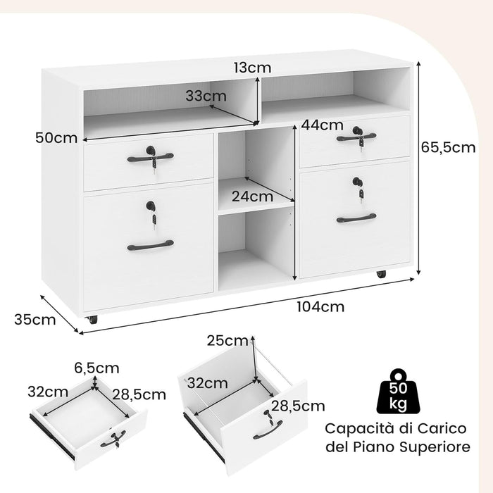 Armadietto Portadocumenti, Mobile da Ufficio Laterale con 4 Cassetti Adatto per File Formato A4/Lettera e 5 Ruote Universali Bloccabili, Credenza in Metallo per Scrivania (Bianco)