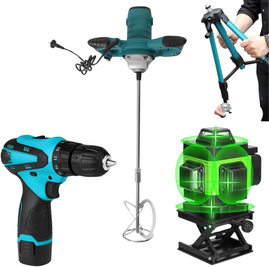 Kit Professionale 3 in 1, Miscelatore Malta e Cemento 1600W 6 Velocità M14 + Livella Laser 4D 16 Linee Autolivellante + Avvitatore con 2 Batterie, Set Completo da Lavoro