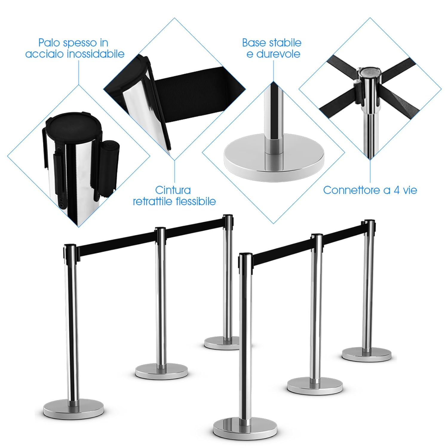 6 Paletti di Delimitazione, Colonnine Segnapercorso Corda, Barriera in Acciaio Inox con Nastro Retrattile, Ideale per Hotel Ristorante Cinema
