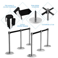 6 Paletti di Delimitazione, Colonnine Segnapercorso Corda, Barriera in Acciaio Inox con Nastro Retrattile, Ideale per Hotel Ristorante Cinema