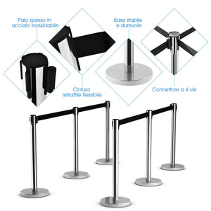 6 Paletti di Delimitazione, Colonnine Segnapercorso Corda, Barriera in Acciaio Inox con Nastro Retrattile, Ideale per Hotel Ristorante Cinema