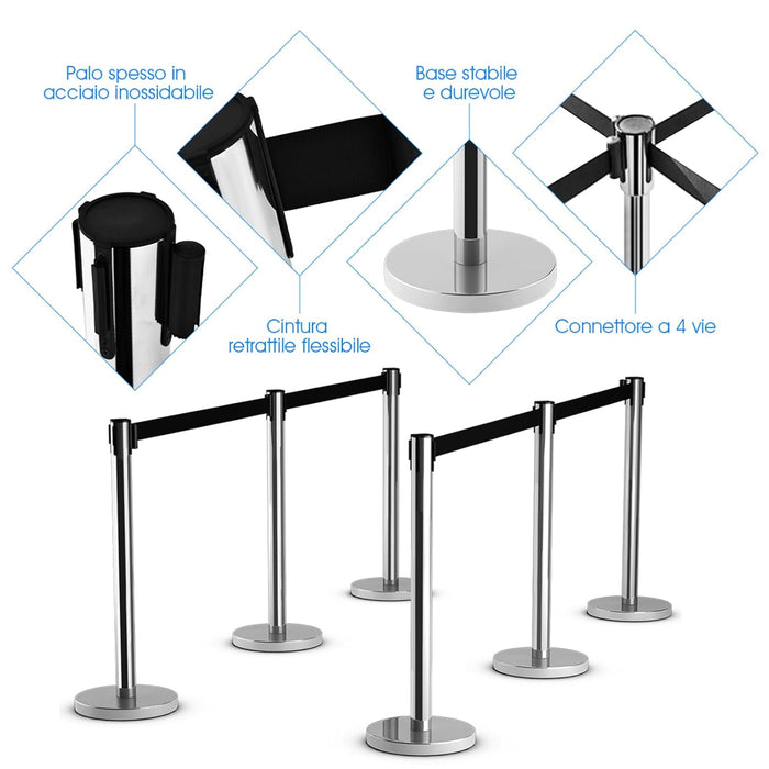 6 Paletti di Delimitazione, Colonnine Segnapercorso Corda, Barriera in Acciaio Inox con Nastro Retrattile, Ideale per Hotel Ristorante Cinema
