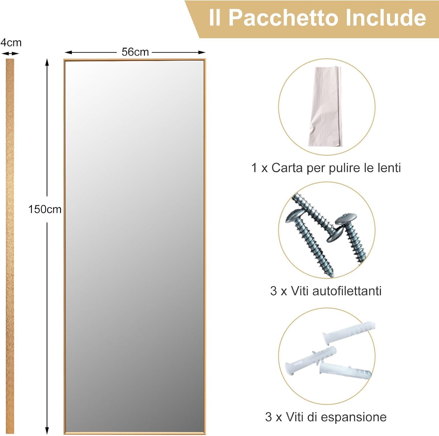 2 in 1 Specchio Lungo da Parete, Specchio a Figura Intera con Telaio Rettangolare in Alluminio e Vetro Antiesplosione, Specchio da Terra per Ingresso Bagno, 56 x150 cm (Oro)