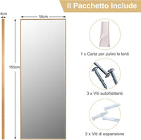 2 in 1 Specchio Lungo da Parete, Specchio a Figura Intera con Telaio Rettangolare in Alluminio e Vetro Antiesplosione, Specchio da Terra per Ingresso Bagno, 56 x150 cm (Oro)