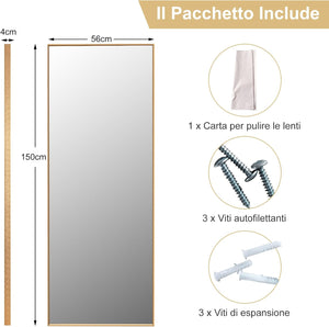 2 in 1 Specchio Lungo da Parete, Specchio a Figura Intera con Telaio Rettangolare in Alluminio e Vetro Antiesplosione, Specchio da Terra per Ingresso Bagno, 56 x150 cm (Oro)