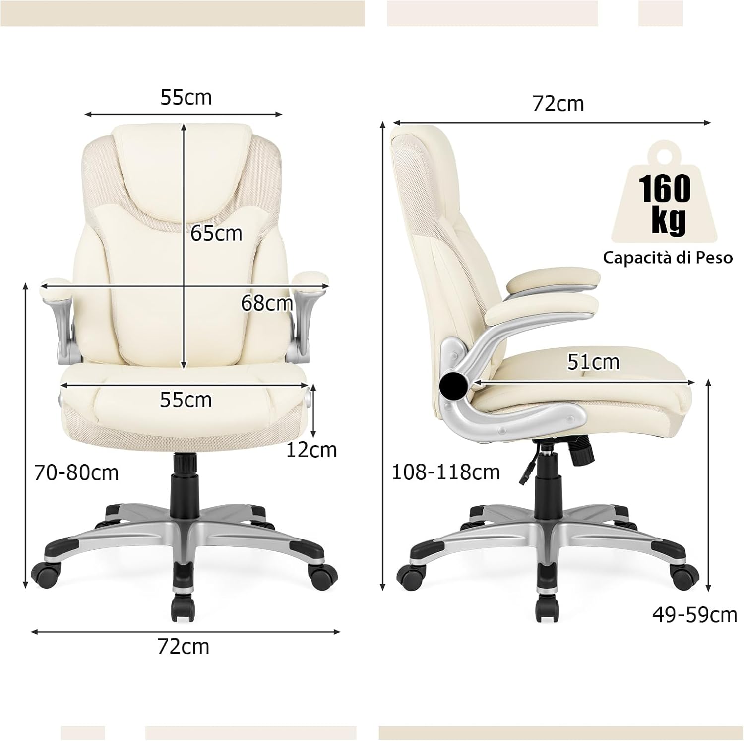 Sedia da Ufficio Girevole, Sedia da Scrivania in Ecopelle con Funzione Dondolo e Altezza Regolabile, Sedia con Ruote per Ufficio e Studio, Carico Massimo 160 kg