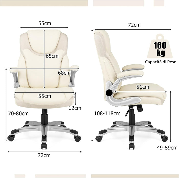 Sedia da Ufficio Girevole, Sedia da Scrivania in Ecopelle con Funzione Dondolo e Altezza Regolabile, Sedia con Ruote per Ufficio e Studio, Carico Massimo 160 kg