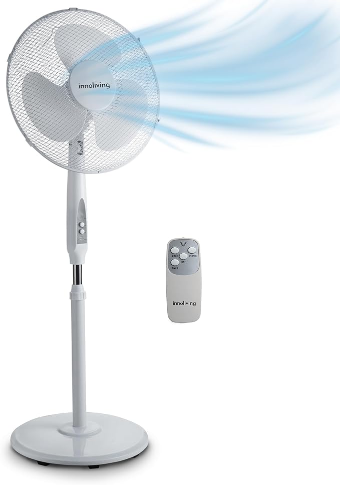 Innoliving Ventilatore a Piantana INN-503ROUNDR con Telecomando, Griglia Mesh, Diametro 40 cm, 3 Velocità, Oscillazione, Altezza Regolabile, Base Rotonda