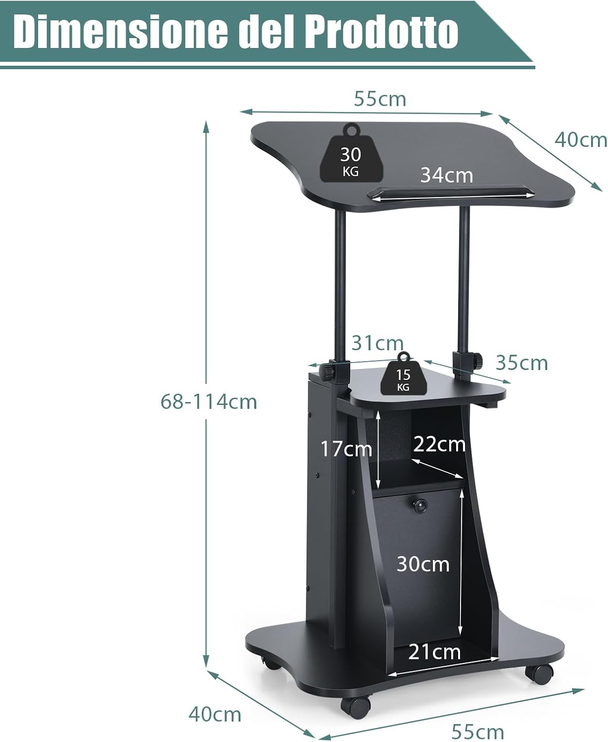Scrivania Regolabile in Altezza con Ruote, Standing Desk Mobile con Piano Inclinabile e Scomparti, Scrivania per Laptop Ergonomica con Rotelle per Ufficio e Casa, Nera