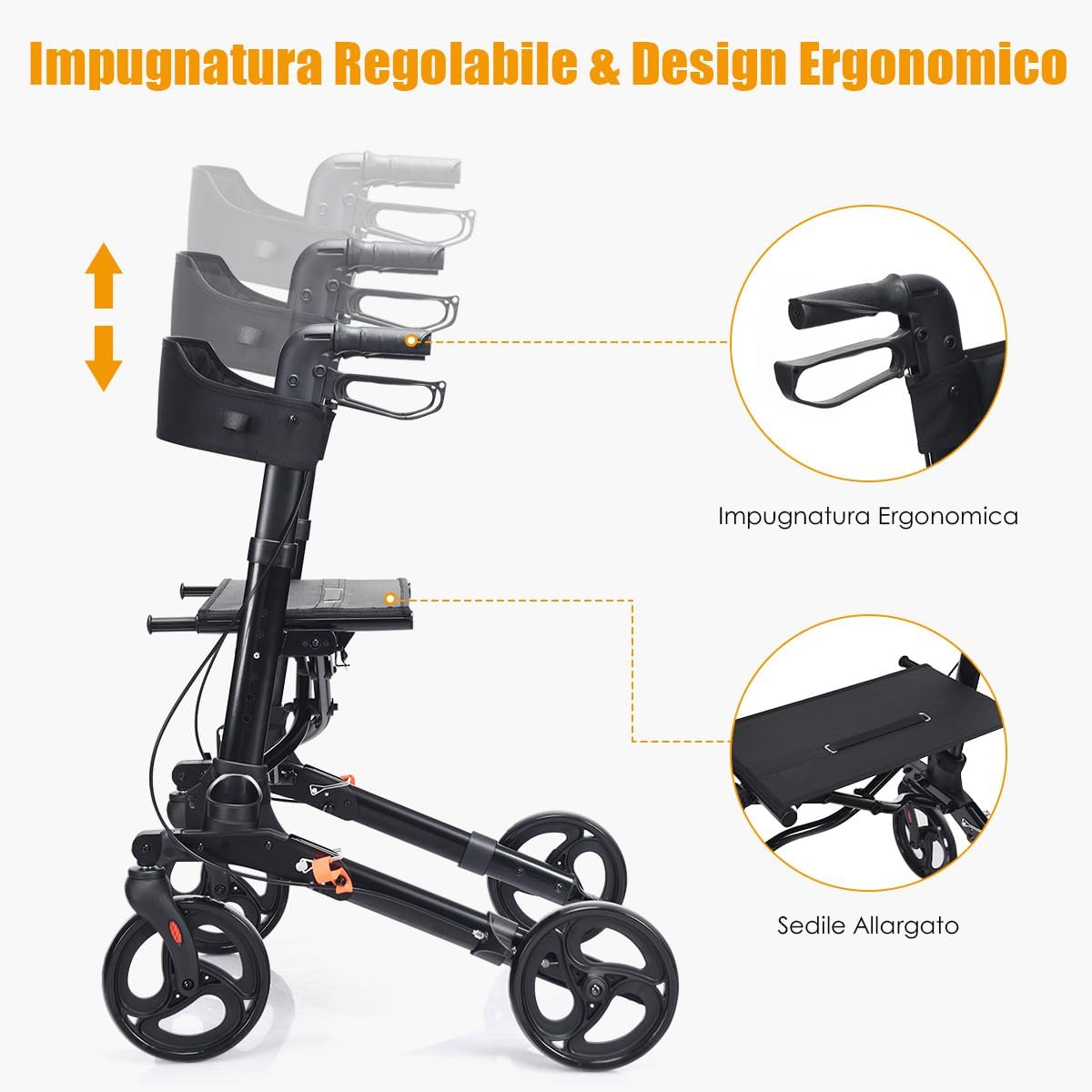 Deambulatore Pieghevole, Deambulatore per Anziani e Disabili a 4 Ruote, Rollator Medico in Alluminio Leggero con Sedile e Borsa, Portata Massima 136 kg