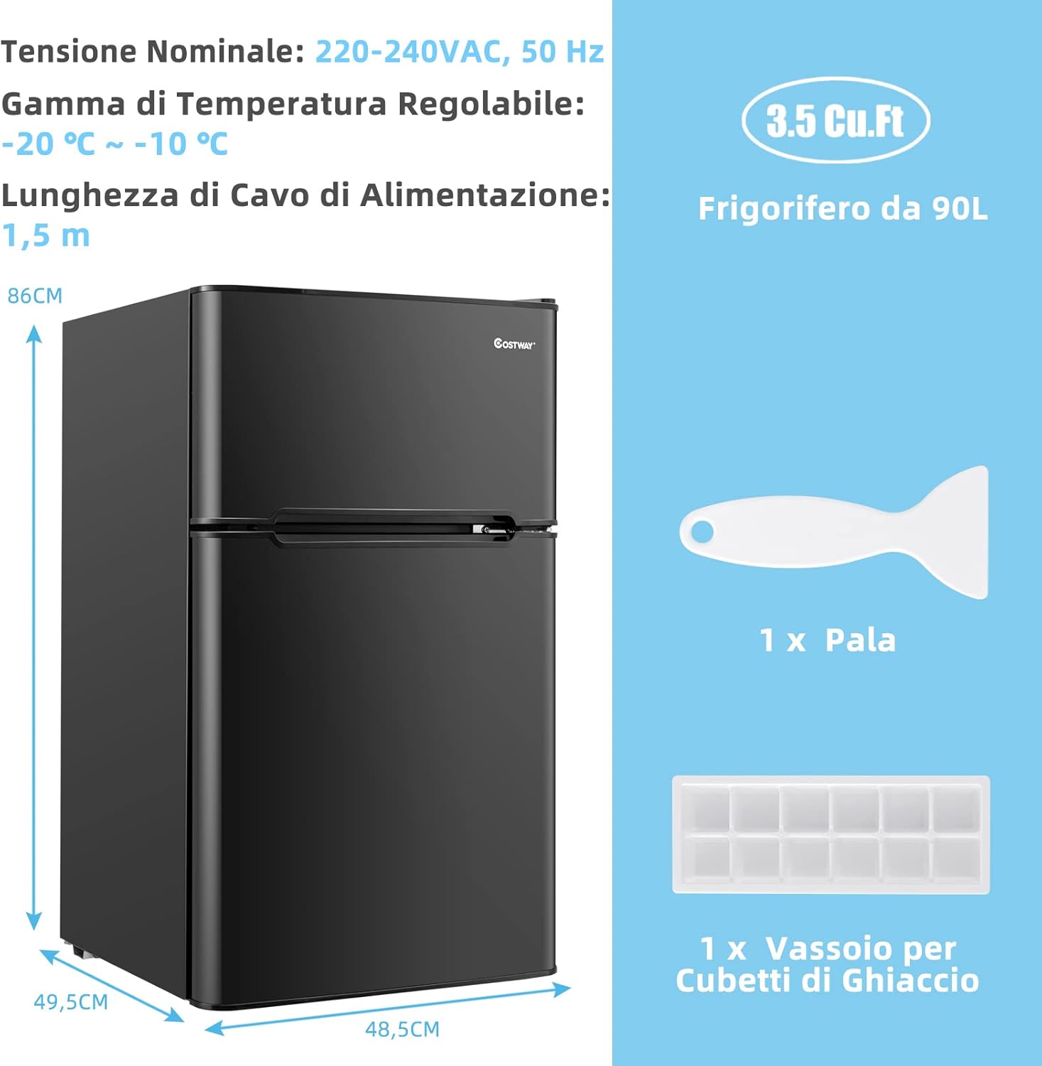 Frigorifero 90 L (27+63), Freezer Separato con 2 Ante e Luce LED, Refrigerazione Rapida, Silenzioso, Mini Frigo per Ufficio Casa Bar Hotel, 220-240 V/50 Hz (Nero) [Classe di efficienza energetica E]