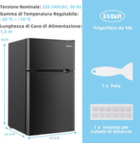 Frigorifero 90 L (27+63), Freezer Separato con 2 Ante e Luce LED, Refrigerazione Rapida, Silenzioso, Mini Frigo per Ufficio Casa Bar Hotel, 220-240 V/50 Hz (Nero) [Classe di efficienza energetica E]
