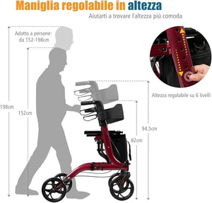 Deambulatore Pieghevole per Anziani Ultraleggero, con Sedile Borsa da Spesa e 4 Ruote Freno a Mano, Rollator Altezza Regolabile, Capacità 136kg, Lega di Alluminio, Nero (Rosso)