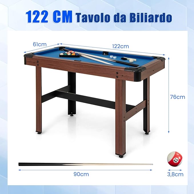 Tavolo da Biliardo, Tavolo da Gioco Biliardo in Legno con Set di Palline 2 Steccette 2 Gessi Triangolo Spazzola, Mini Tavolo da Biliardo per Sala Giochi bar Palestra, 122x61x76 cm