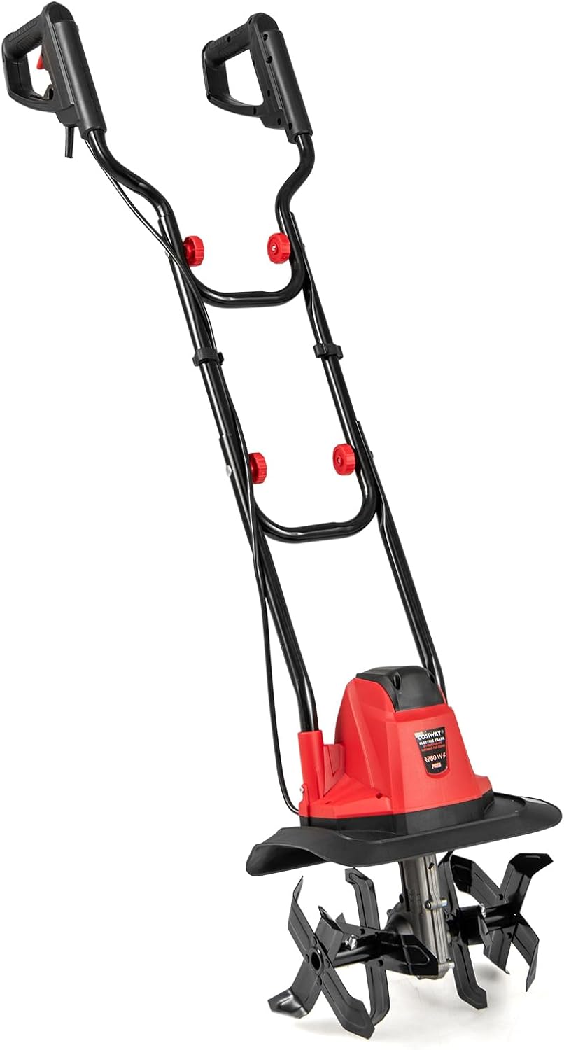 Motozappa Elettrica a Filo, Zappatrice da Giardino con Manico Ergonomico e Motore Forte, Motocoltivatore Pieghevole per Scavare Terreno del Prato (32,5 x 24 x 138 cm,Rosso)