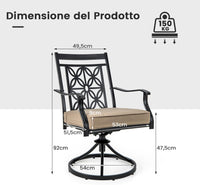 Sedie Girevoli per Giardino, Set di 2 Sedie da Esterno con Telaio in Metallo Resistente, Cuscino Morbido, Schienale a Motivo Floreale, Sedia Girevole per Giardino e Balcone