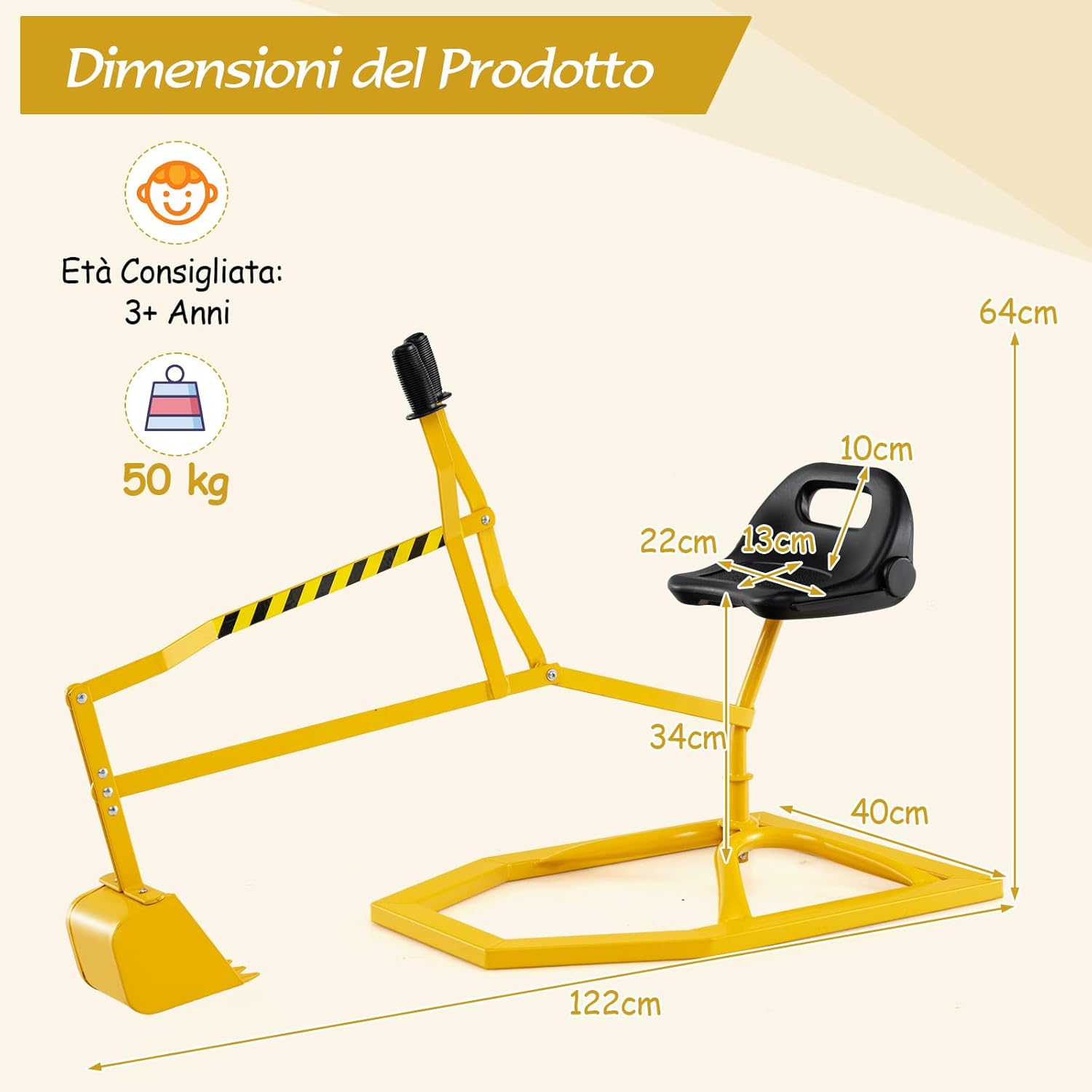 Escavatore Giocattolo per Bambini, Ruspa Cavalcabile con Controlli a 2 Mani e Pala Flessibile, Sedile Girevole a 360°, Ruspa Giocattolo per Esterni, 3 Anni+ (con Base Giallo)
