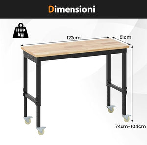 Banco da Lavoro Regolabile in Altezza 74-104 cm, Tavolo da Lavoro in Legno di Gomma, con Ruote Bloccabili, 2 Pannelli Laterali Forati, Stazione di Lavoro per Officina, Garage, Capacità 1100 kg