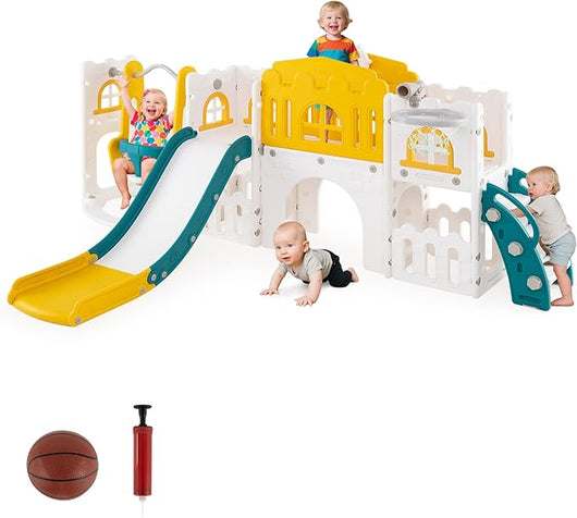 10 in 1 Parco Giochi per Bambini, Set Altalena e Scivolo con Canestro da Basket Telescopio Volante, Palestra da Gioco per Bambini 1 Anni + (Giallo)