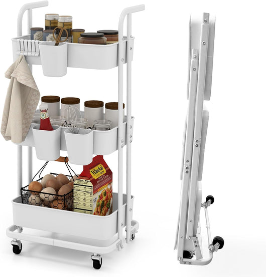 Carrello a 3 Ripiani, Carrello da Cucina Pieghevole con 3 Tazze Appendibili e 6 Ganci, Carrello da Conservazione Multiuso per Casa Ufficio, 45 x 37 x 92 cm