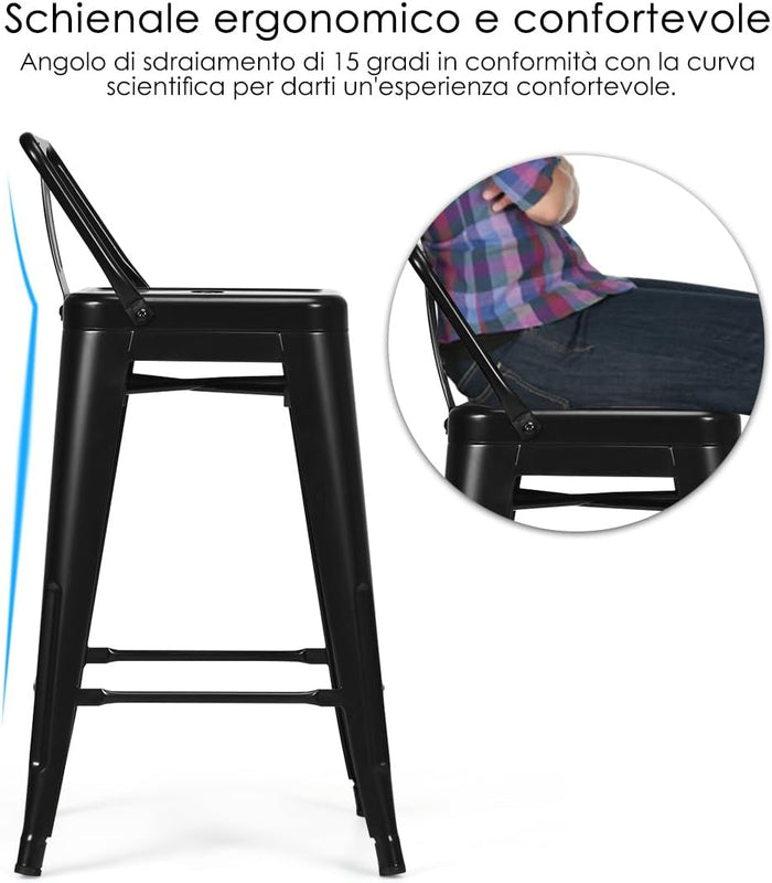 Set di 4 Sgabelli da Bar da 62 cm, Impilabile Sedie da Cucina Alto, in Metallo, con Schienale Rimovibile, Poggiapiedi, Design Industriale (Nero)