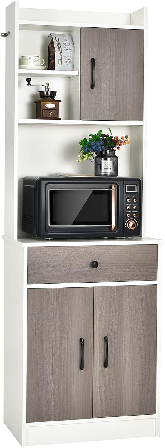 Mobile Cucina con 3 Ante e Credenza, Dispensa Cucina con Cassetto, con Foro per Cavi e Ripiani Regolabili, Ampio Spazio Aperto per Microonde, 60 x 40 x 180 cm (Bianco)