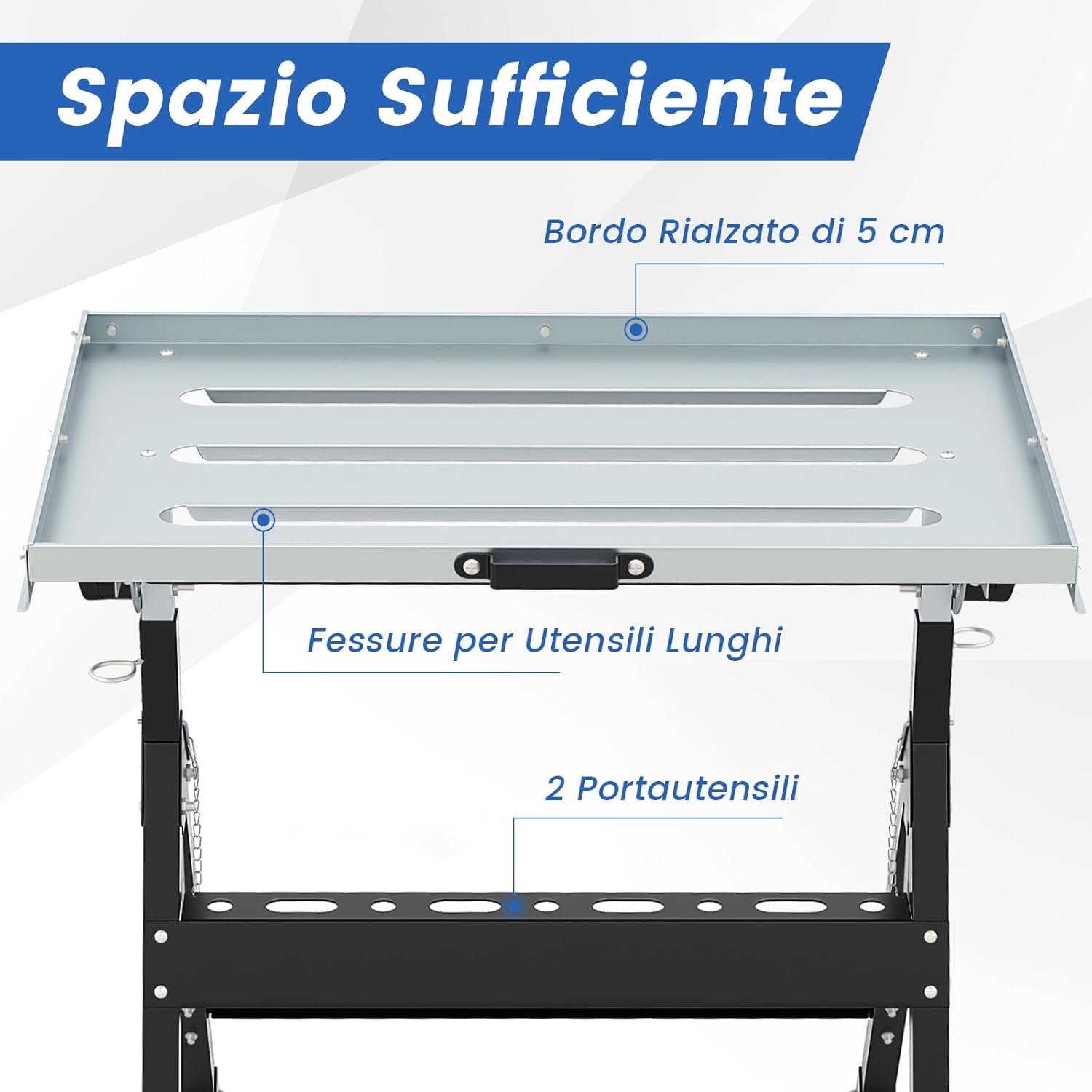 Banco da Lavoro Pieghevole, Tavolo da Lavoro Portatile con Piattaforma Inclinabile e Altezza Regolabile, 2 Ruote, con 3 Slot e 2 Portautensili, Capacità di Carico 180 KG (Modello 1)
