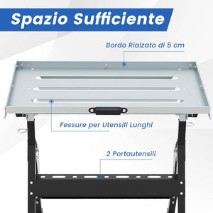 Banco da Lavoro Pieghevole, Tavolo da Lavoro Portatile con Piattaforma Inclinabile e Altezza Regolabile, 2 Ruote, con 3 Slot e 2 Portautensili, Capacità di Carico 180 KG (Modello 1)