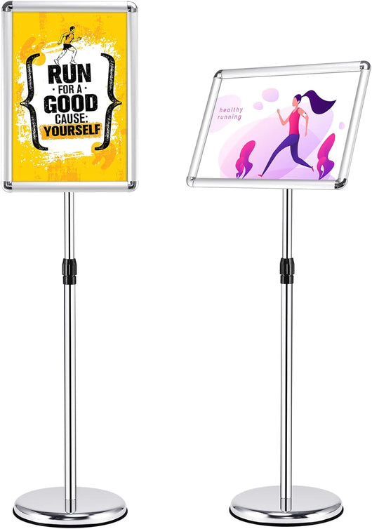 Set 2 Pezzi Supporto Poster Menù Stand per Pubblicità da Terra in Metallo, Girevole e Regolabile in Altezza, A4 / A3 (A3 Argento x 2)