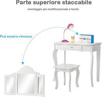 2-in-1 Toeletta Trucco Bambina, Tavolo da Trucco per Bambini con 3 Specchio e Sgabello, Postazione Trucco con 1 Cassetto, 3-7 Anni (Bianco)