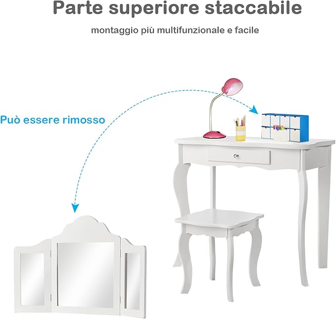 2-in-1 Toeletta Trucco Bambina, Tavolo da Trucco per Bambini con 3 Specchio e Sgabello, Postazione Trucco con 1 Cassetto, 3-7 Anni (Bianco)