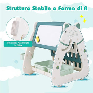 Cavalletto Artistico per Bambini con Sgabello, Lavagna Magnetica a Secco a Doppia Faccia 3 in 1 con Scrivania, Scaffale per Libri, Sgabello (Verde+ Bianco)