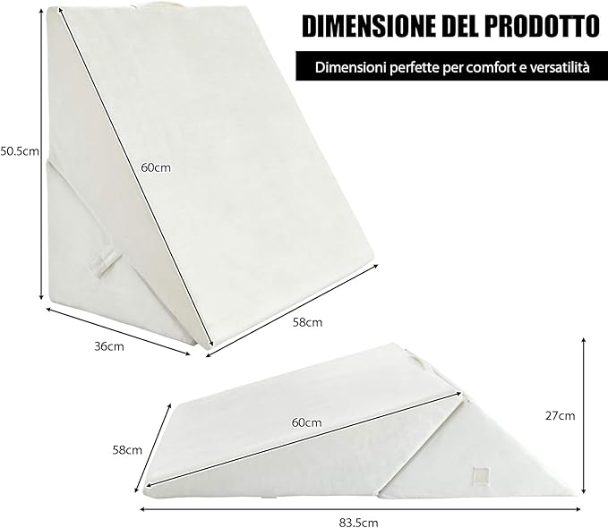 Cuscino a Cuneo per Letto e Divano, Cuscino da Lettura Relax, per Gambe Schiena e Ginocchio, con Fodera Lavabile (Bianco)