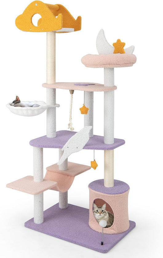 Tiragraffi per Gatti Alto 167 cm, Albero per Gatti Tiragraffi Gatto Stabile Multilivello, Albero Giochi in Sisal Piatteforme Rela, Ampio e Sicuro, 1 Amaca, 1 Grotta, 1Cesto